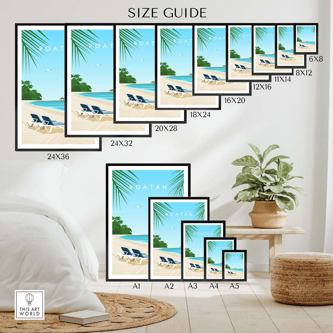 Size guide for Roatan Art Print options, showcasing various frame sizes and poster styles for home decor.