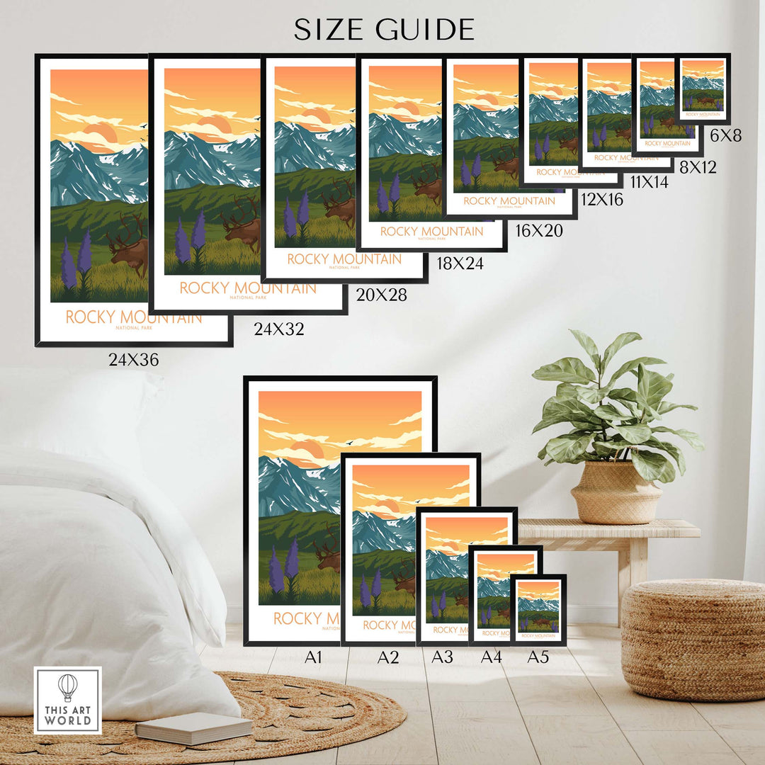 Size guide for Rocky Mountain National Park poster in various frame sizes and styles.