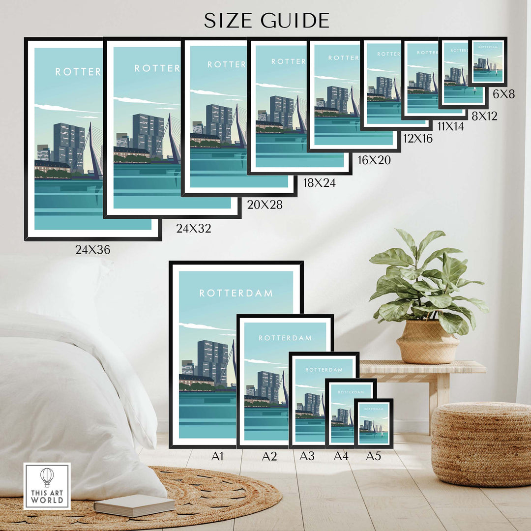 Size guide for Rotterdam Print Wall Art Poster in various dimensions framed and unframed with stylish interior decor.