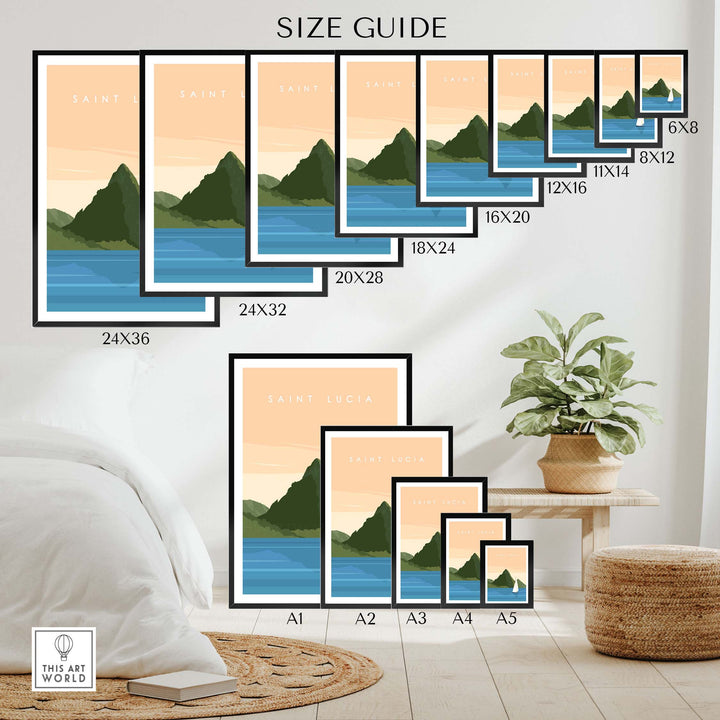 Saint Lucia Wall Art Print size guide showcasing various frame sizes in a stylish home setting.