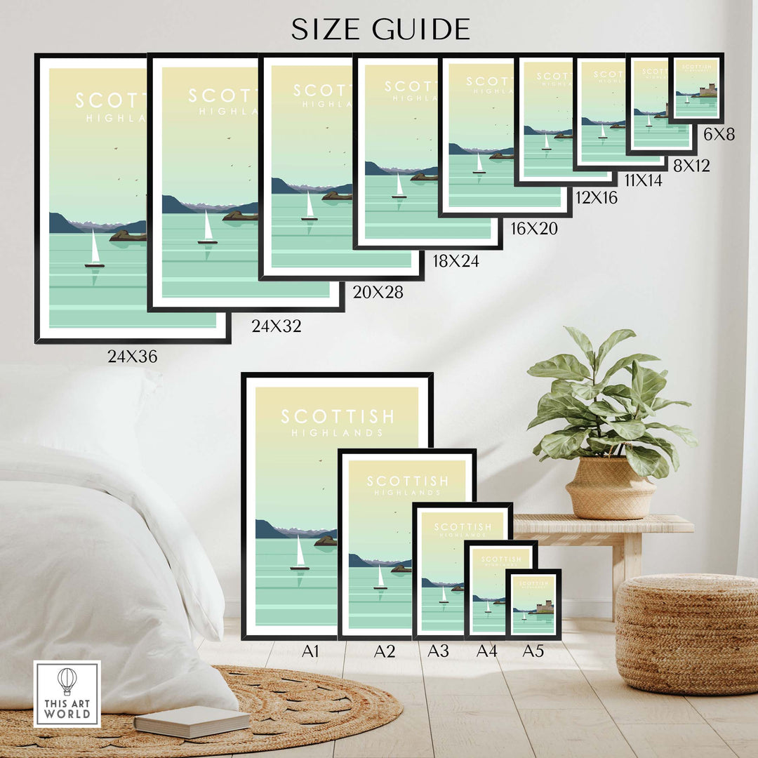 Size guide for Scottish Highlands Print Wall Art Poster showcasing different frame sizes and style options.
