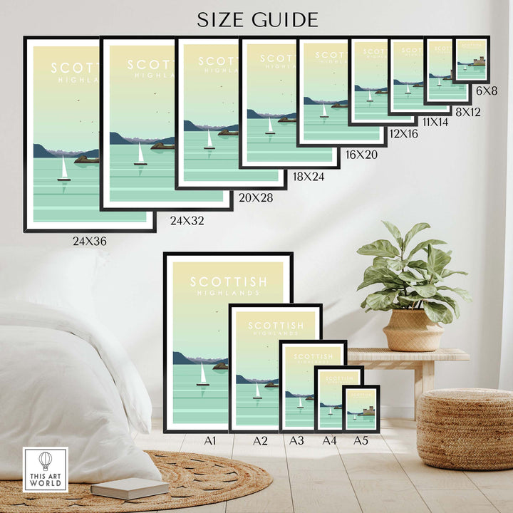 Size guide for Scottish Highlands Print Wall Art Poster showcasing different frame sizes and style options.