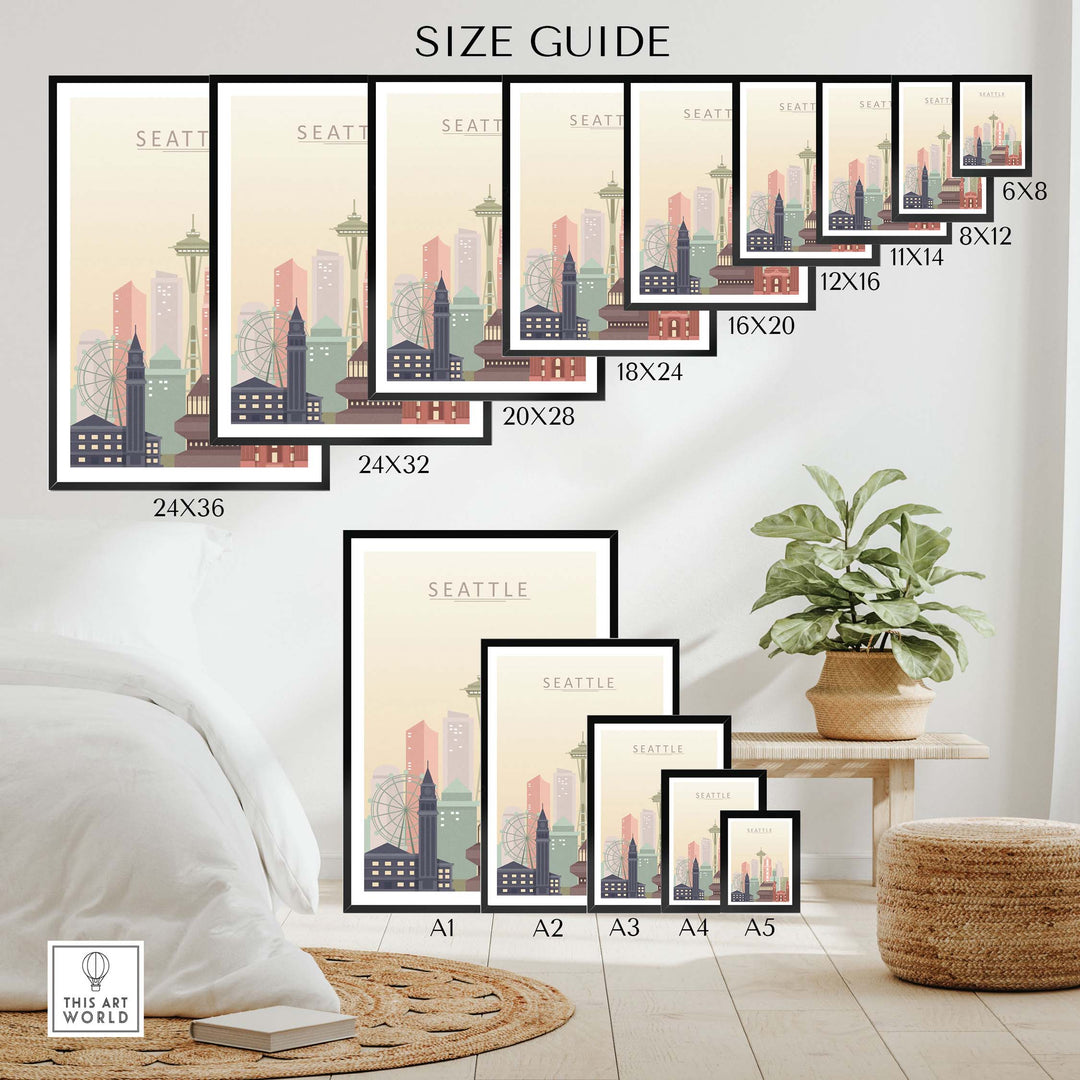 Size guide for Seattle City Skyline Print wall art, showcasing various frame sizes and designs.