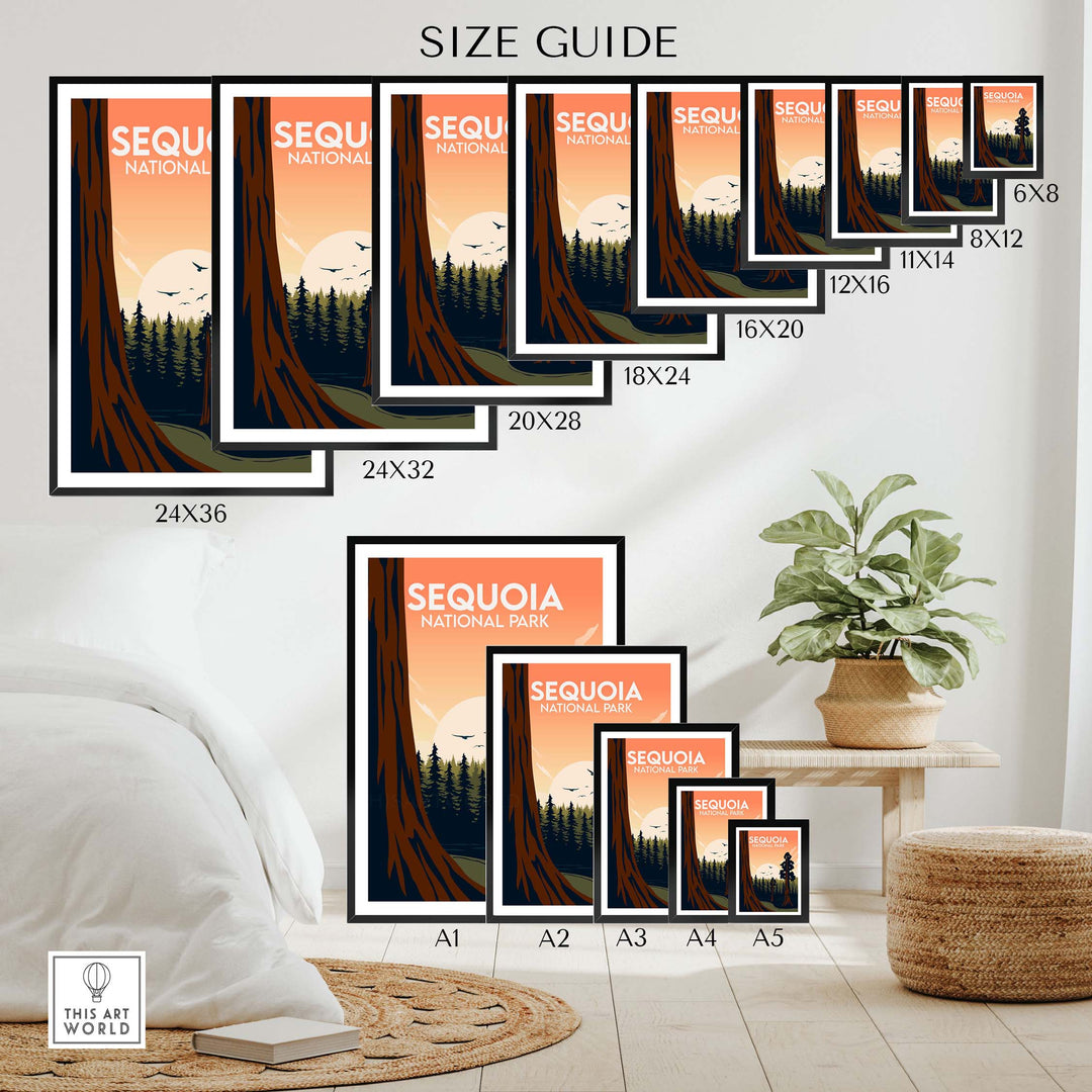 Sequoia National Park poster size guide showcasing various dimensions for framed or unframed art prints.