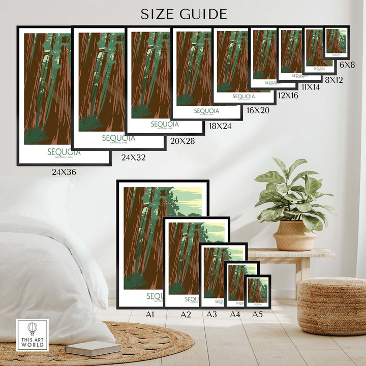 Sequoia National Park Poster Print size guide showcasing various frame sizes for stylish wall art.