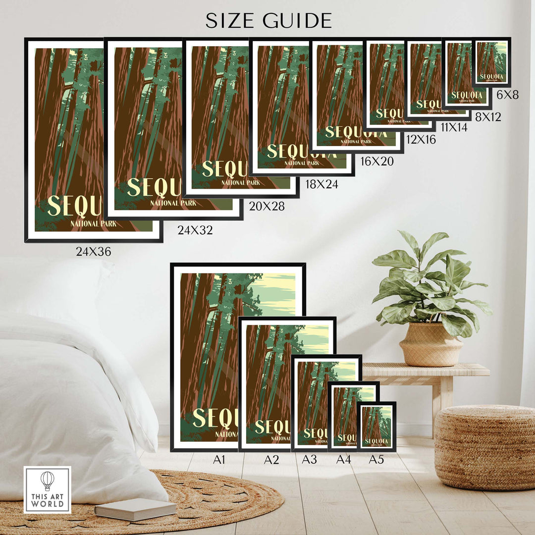 Sequoia National Park Print size guide with framed and unframed options displayed in a stylish indoor setting.