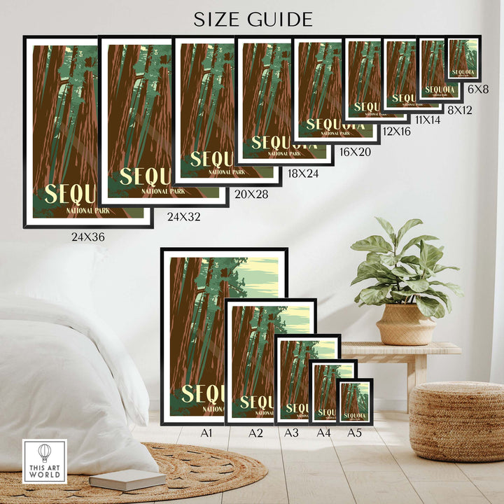 Sequoia National Park Print size guide with framed and unframed options displayed in a stylish indoor setting.