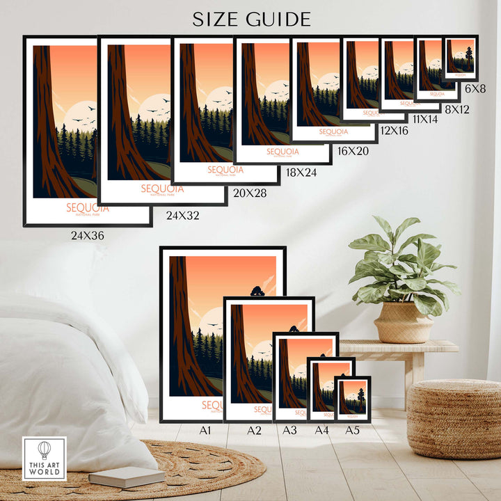 Size guide for Sequoia National Park poster art prints, showcasing different frame sizes and minimalist design.