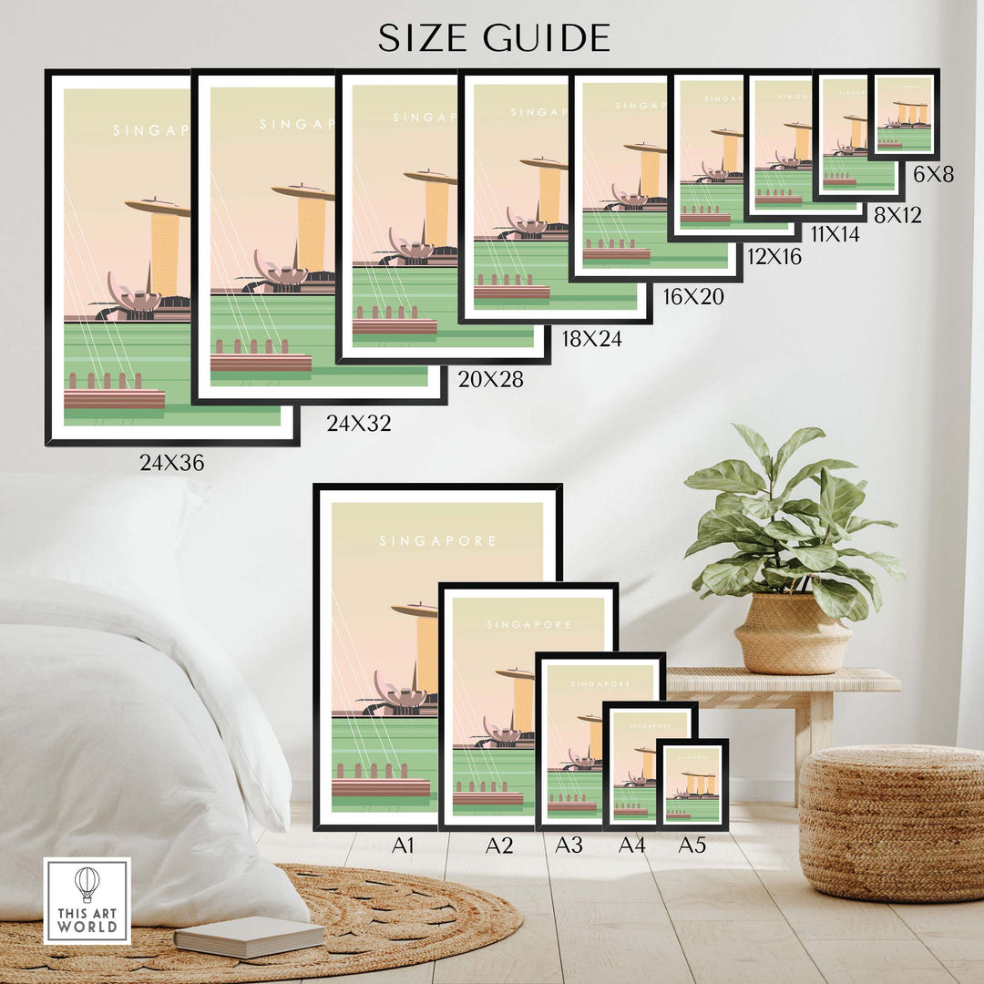 Size guide for Singapore Poster Print in various frame sizes, showcasing stylish wall art options.