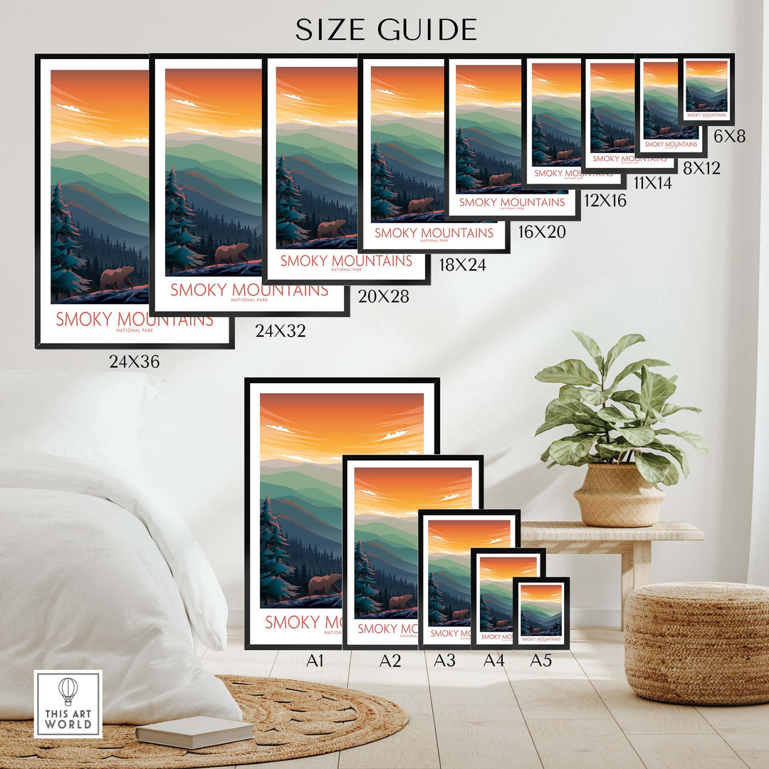 Size guide for Smoky Mountains wall art showcasing various frame sizes and styles for home decor.
