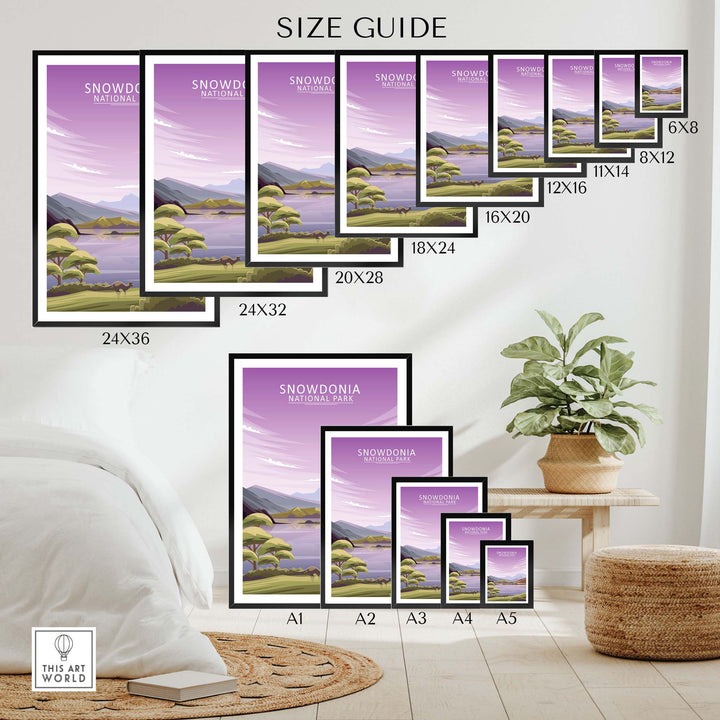 Size guide for Snowdonia National Park poster prints in various dimensions, showcasing artwork options for home decor.