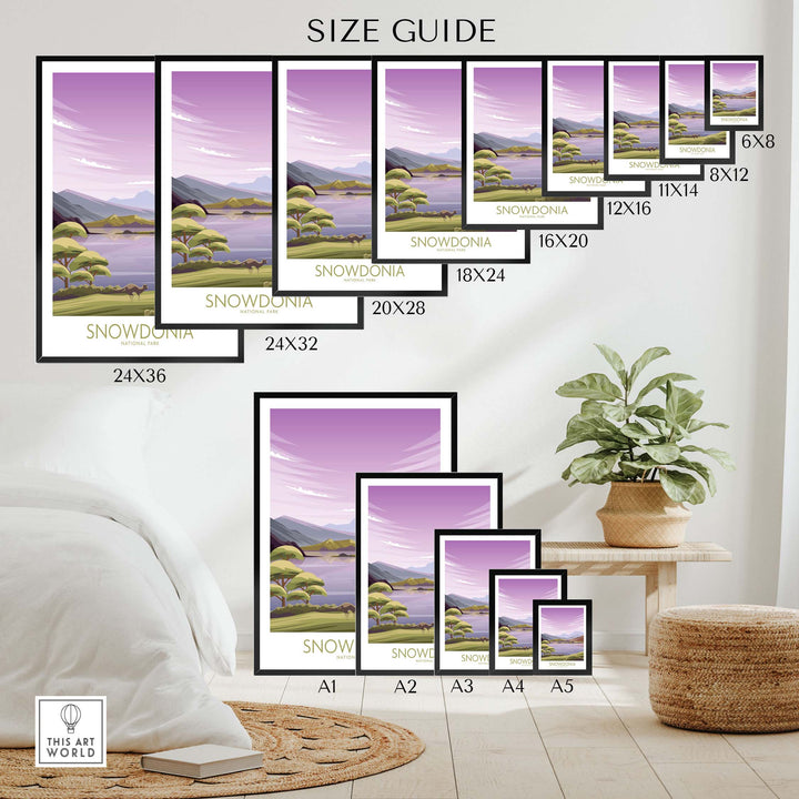 Size guide for Snowdonia National Park Poster, showcasing various frame sizes displayed in a stylish living room setting.