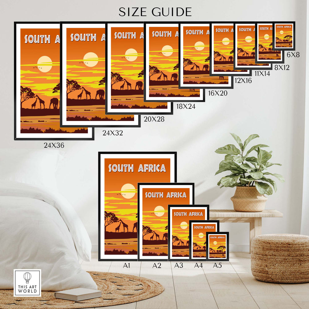 Size guide for South Africa Poster prints, showcasing various frame sizes in a stylish room setting.