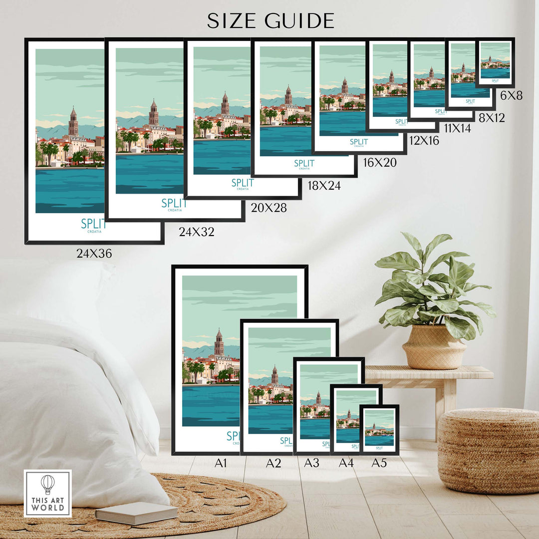 Size guide for Split Croatia Poster Print showcasing various dimensions available for stylish wall art.