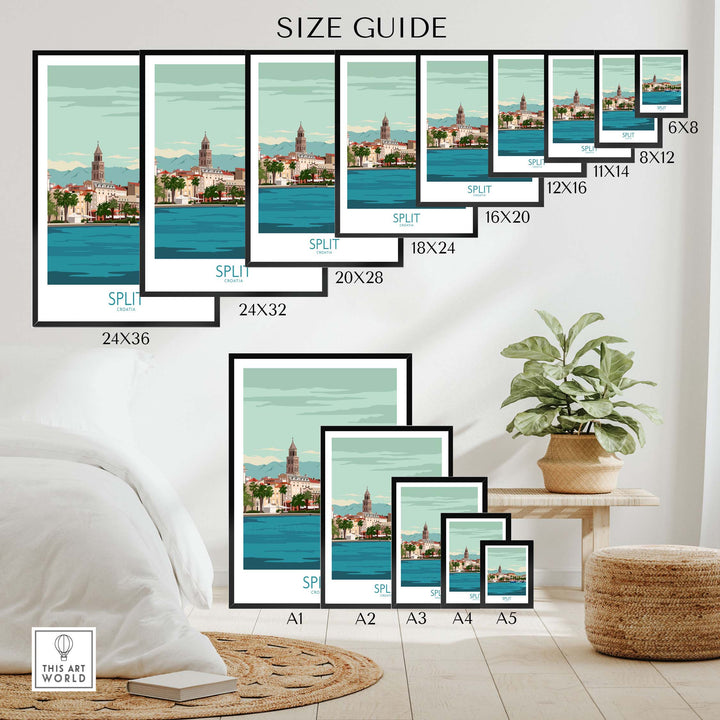 Size guide for Split Croatia Poster Print showcasing various dimensions available for stylish wall art.