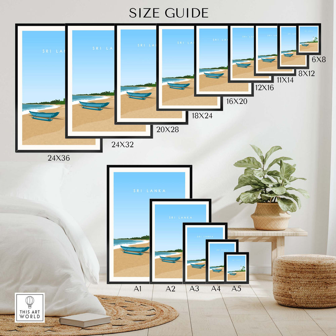 Size guide for Sri Lanka travel poster prints, showcasing various frame sizes and beach artwork.