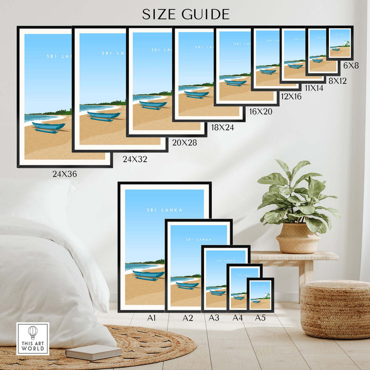 Size guide for Sri Lanka travel poster prints, showcasing various frame sizes and beach artwork.