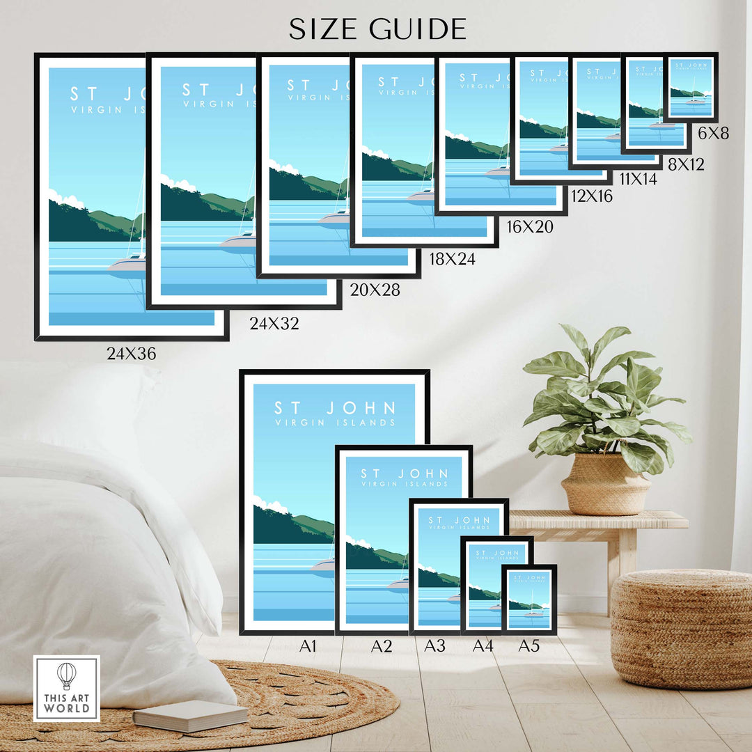 Size guide for Virgin Islands Print | St John Travel Poster showcasing various frame sizes in a stylish home setting.