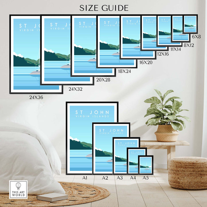 Size guide for Virgin Islands Print | St John Travel Poster showcasing various frame sizes in a stylish home setting.