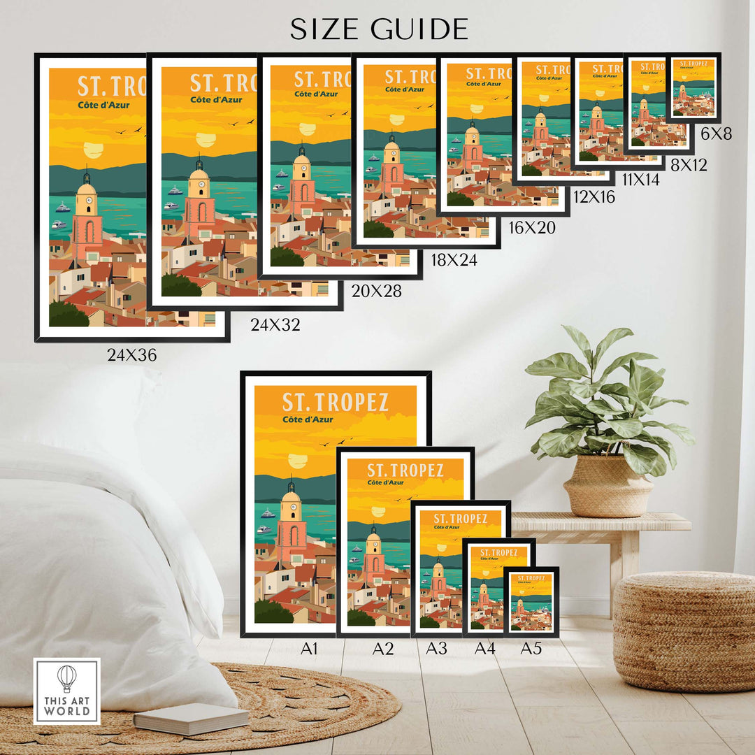 St Tropez France Print Poster Size Guide showcasing various framed and unframed options for wall art decor.