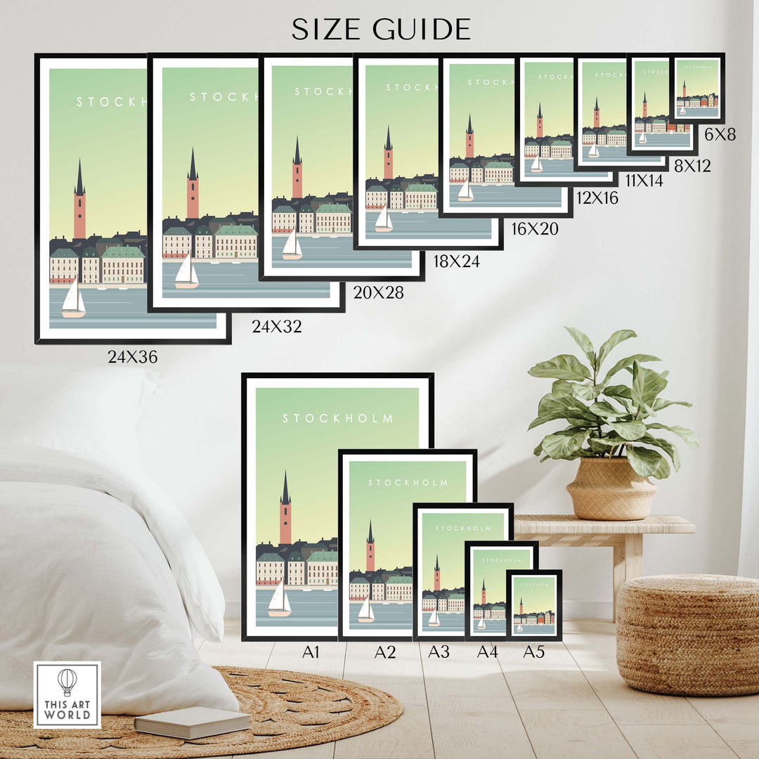 Stockholm Print Wall Art Poster size guide showcasing various frame sizes in a stylish interior setting.