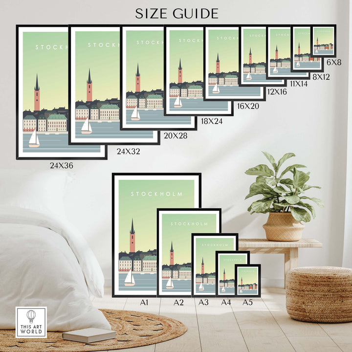 Stockholm Print Wall Art Poster size guide showcasing various frame sizes in a stylish interior setting.