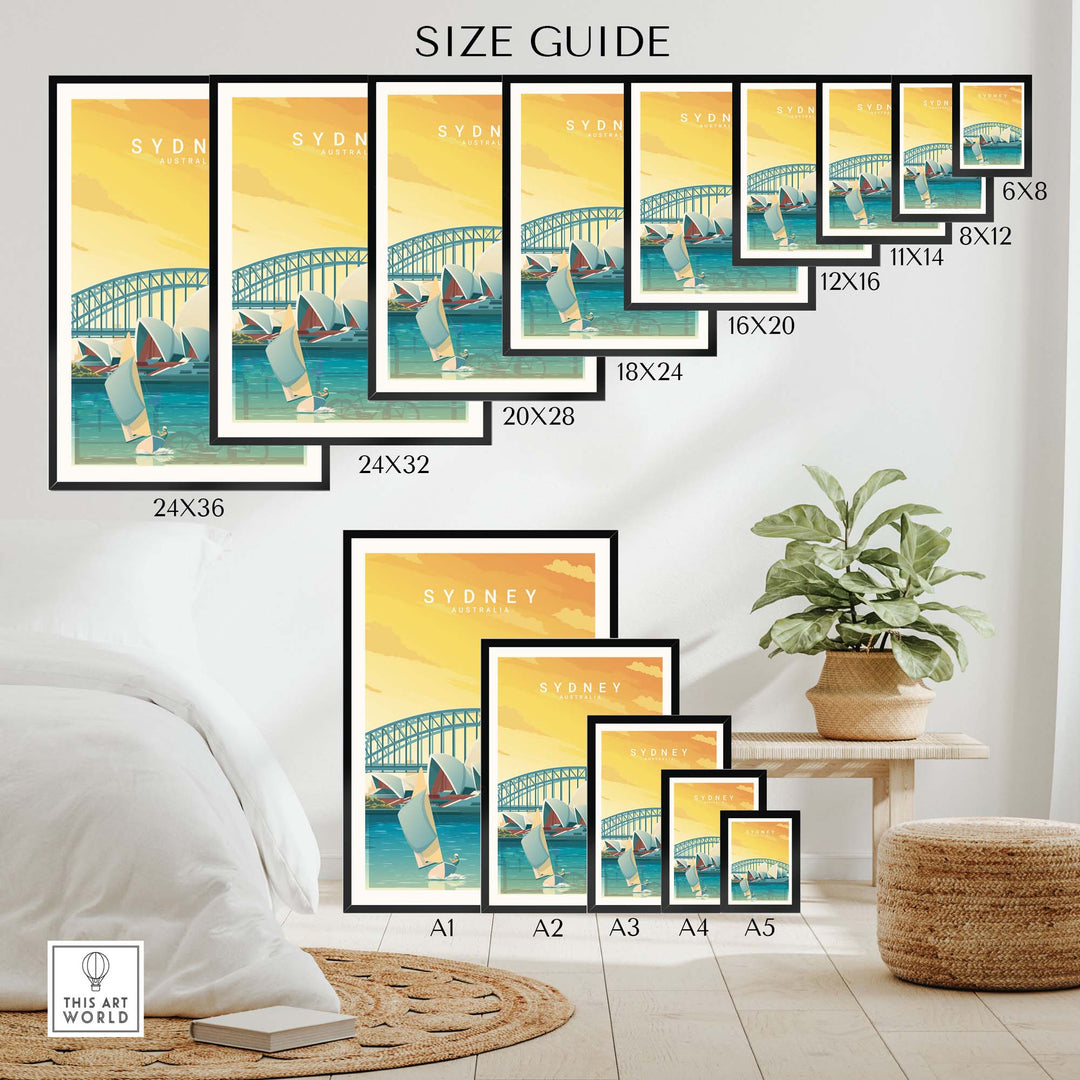 Sydney Travel Poster Print size guide showcasing various framed and unframed options.