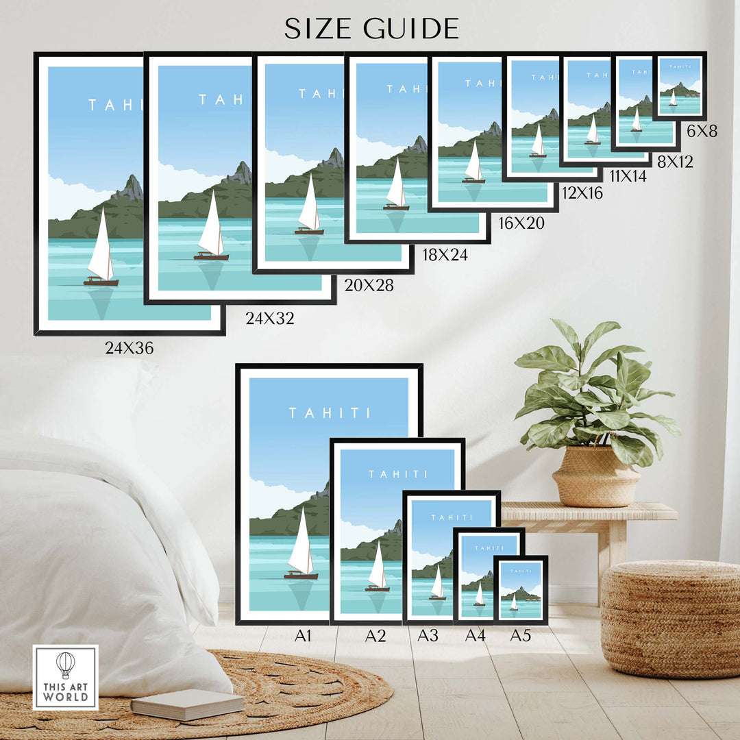 Size guide for Tahiti Poster Travel Print showcasing various frame dimensions and design options.