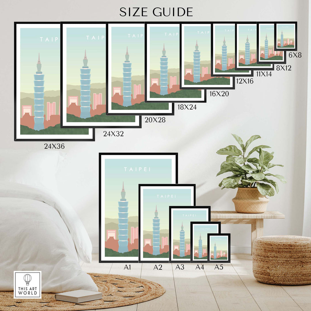 Size guide for Taipei Poster Taiwan Print, showcasing various frame sizes and home decor arrangement.