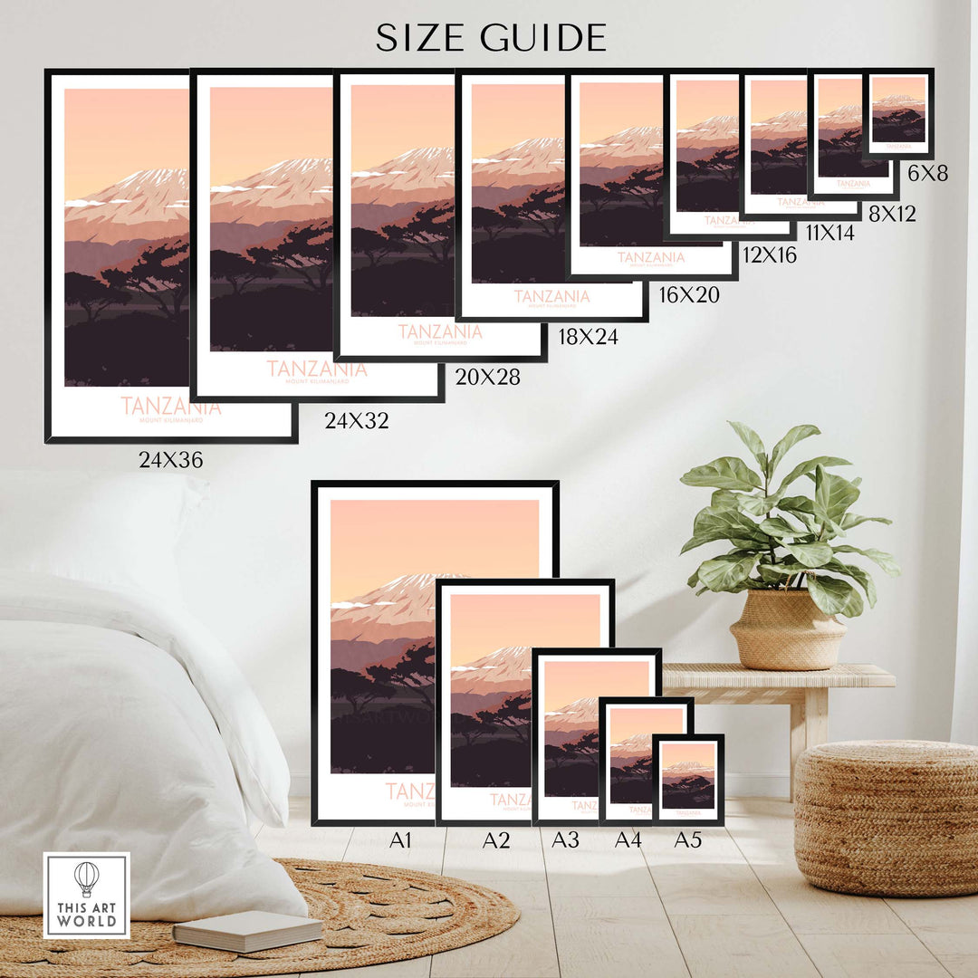 Size guide for Kilimanjaro Print Tanzania Poster showcasing various dimensions for wall art framing options.