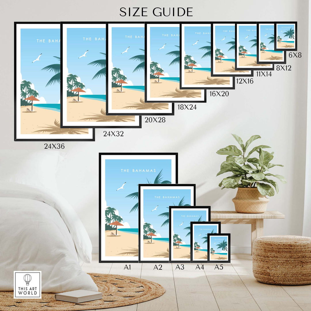 Size guide for The Bahamas Travel Poster Print showcasing various frame sizes on a stylish interior backdrop.