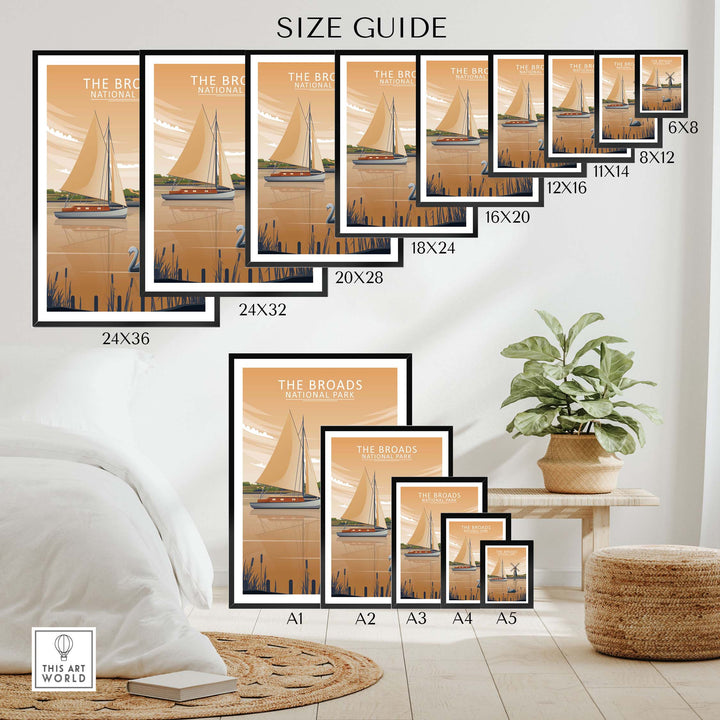 Size guide for The Broads National Park print showing dimensions for framed and unframed artwork.