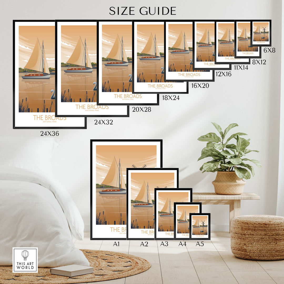 Size guide for The Broads National Park Poster art print, showcasing various framed options and dimensions.