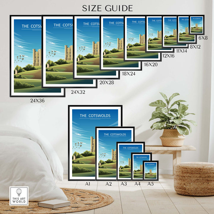 Size guide for The Cotswolds Poster showcasing various frame sizes and styles.