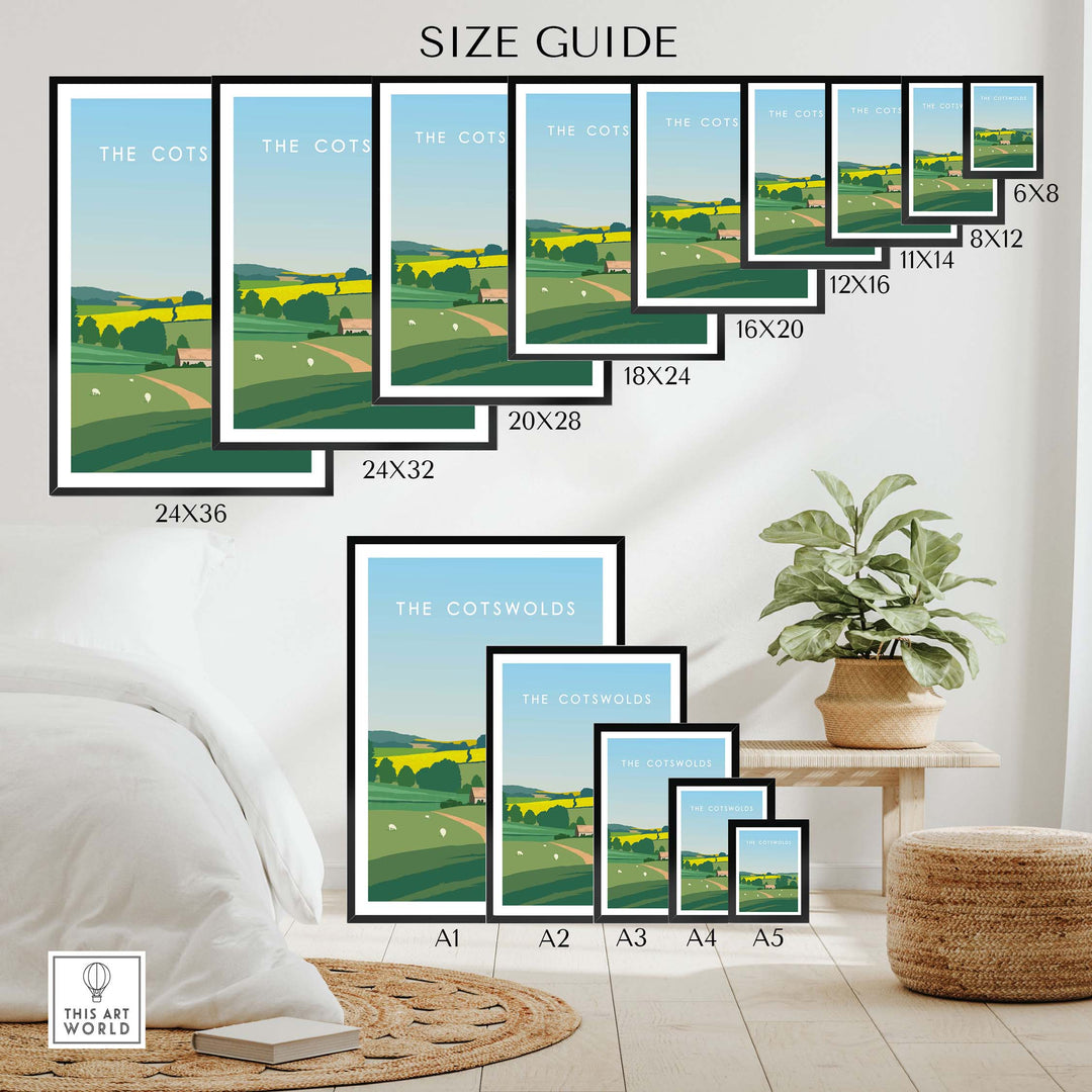 Size guide for The Cotswolds Poster Print with various framed size options displayed in a stylish living space.
