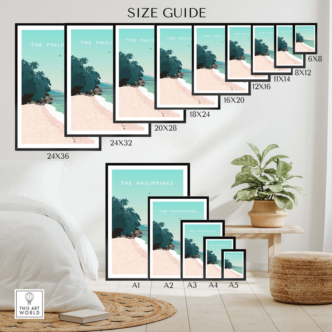 Size guide for Philippines Poster Print Wall Art in various frame sizes on a stylish interior setting.