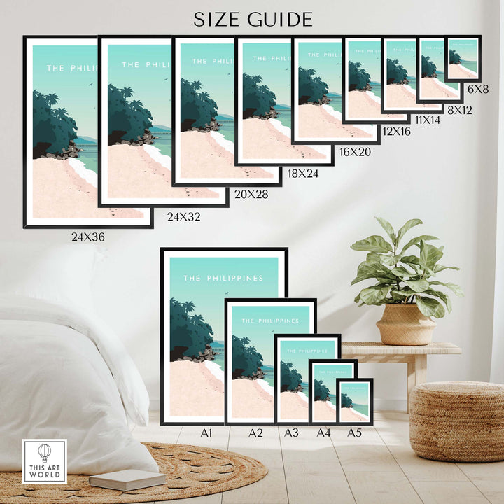 Size guide for Philippines Poster Print Wall Art in various frame sizes on a stylish interior setting.