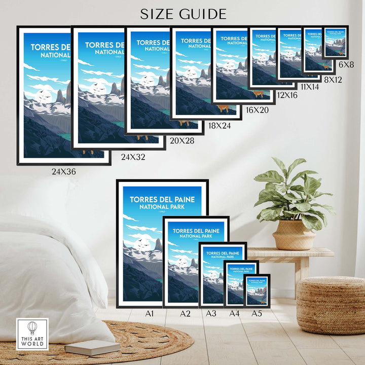 Size guide for Torres del Paine Chile Print, showcasing various framed and unframed sizes for wall art decor.