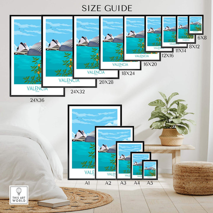 Valencia Poster Print size guide showcasing various frame sizes for stylish wall art.