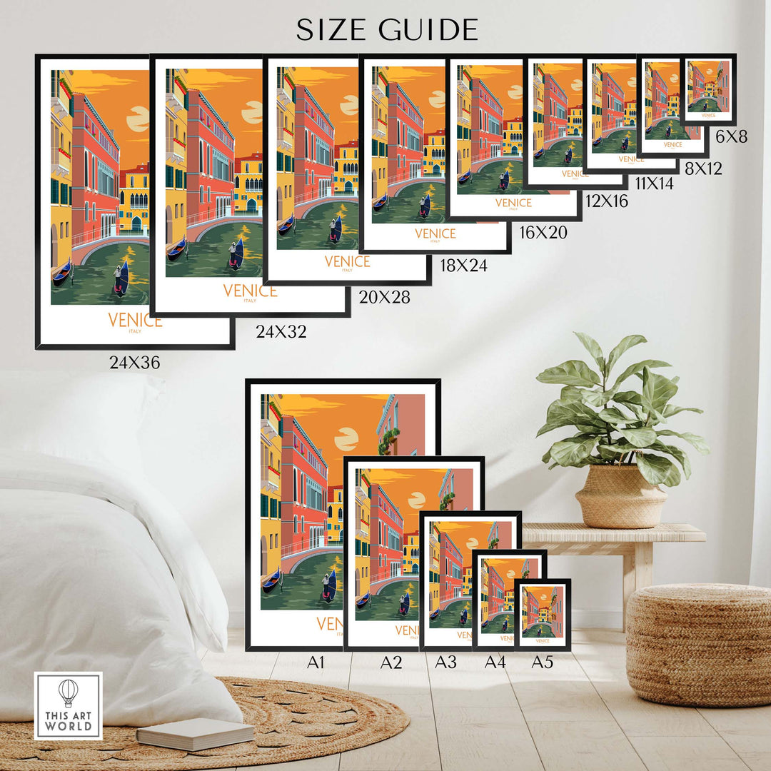 Venice poster travel print size guide showcasing various framed and unframed options for stylish wall art.