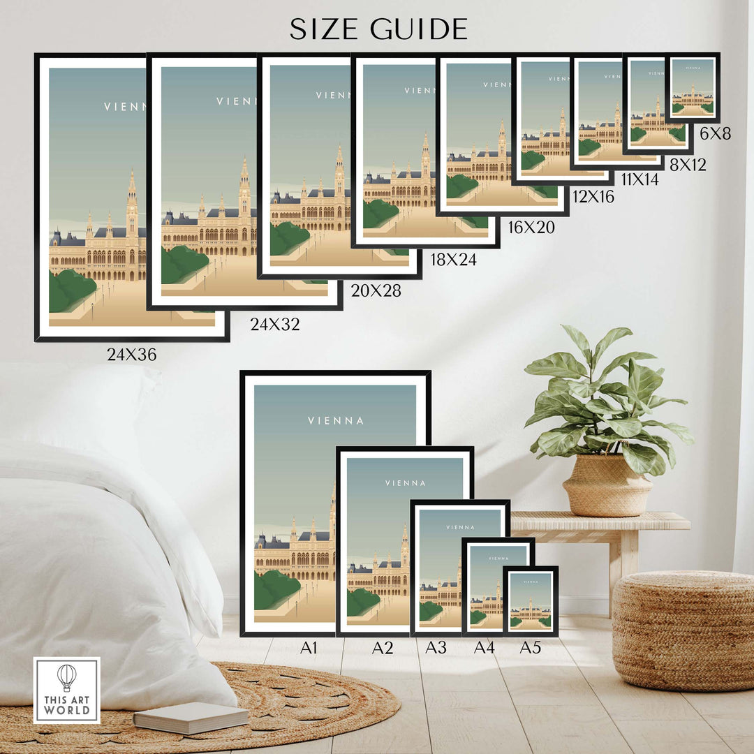 Vienna Wall Art Poster size guide with various frame options in a stylish indoor setting.