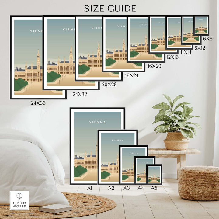 Vienna Wall Art Poster size guide with various frame options in a stylish indoor setting.