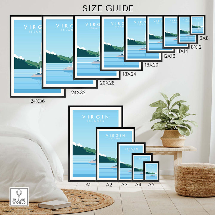 Size guide of Virgin Islands Travel Poster Print in various frame sizes, displayed in a stylish home setting.