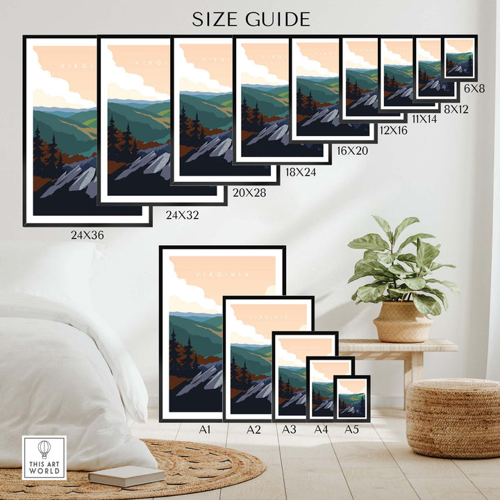 Virginia travel poster print size guide showcasing various dimensions for stylish wall art.