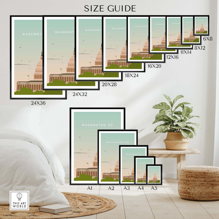 Size guide for Washington DC Poster Print showcasing various frame sizes and design details.