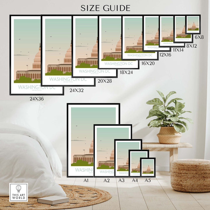 Washington DC Wall Art Print size guide showing various frame sizes and styles for home decor.