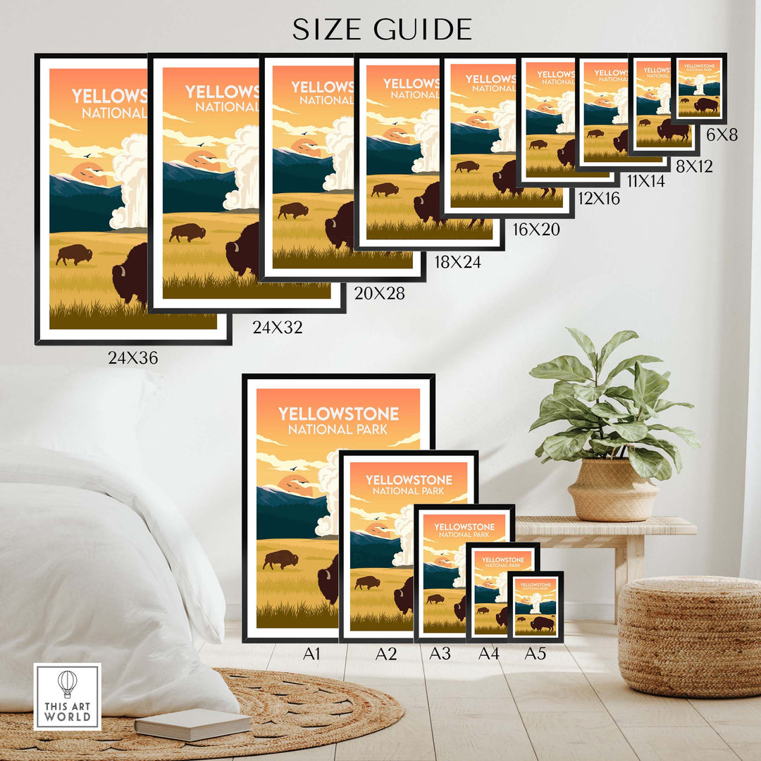 Size guide for Yellowstone National Park print showcasing various frame sizes and bison artwork.