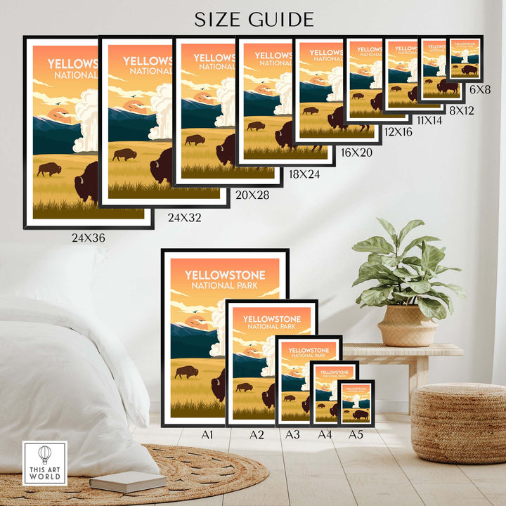 Size guide for Yellowstone National Park print showcasing various frame sizes and bison artwork.
