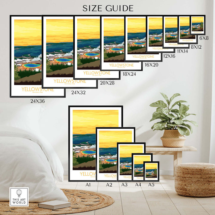 Size guide for Yellowstone Park Print Posters, showcasing various frame sizes for stylish wall art.