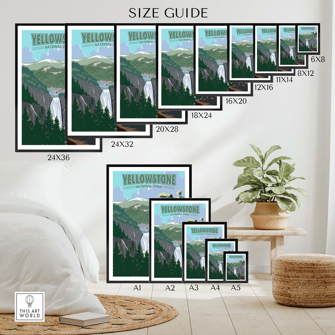 Yellowstone National Park Print size guide showcasing various framed and unframed art options.